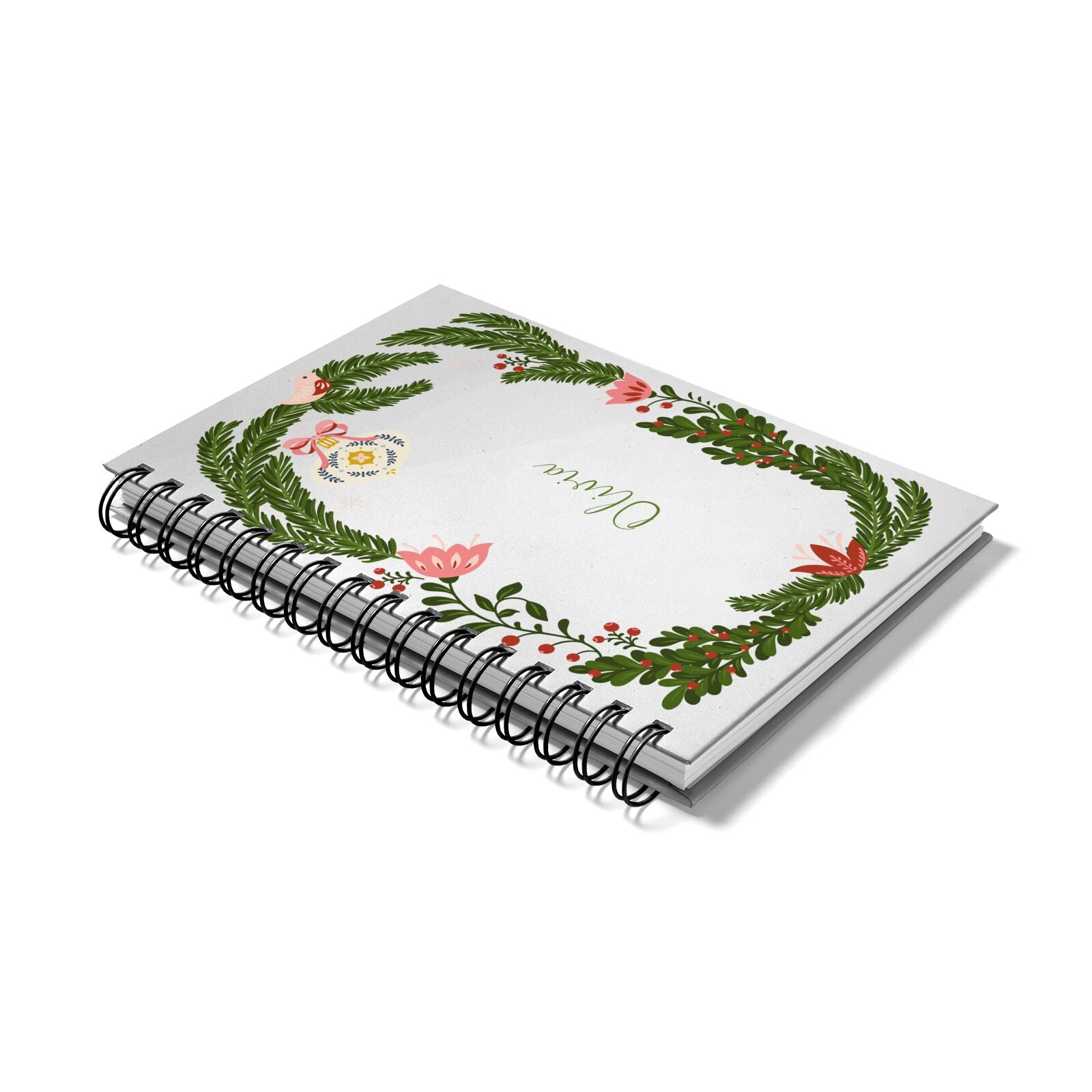 Personalised Vintage Foliage Christmas Notebook with Black Coil Laid Flat