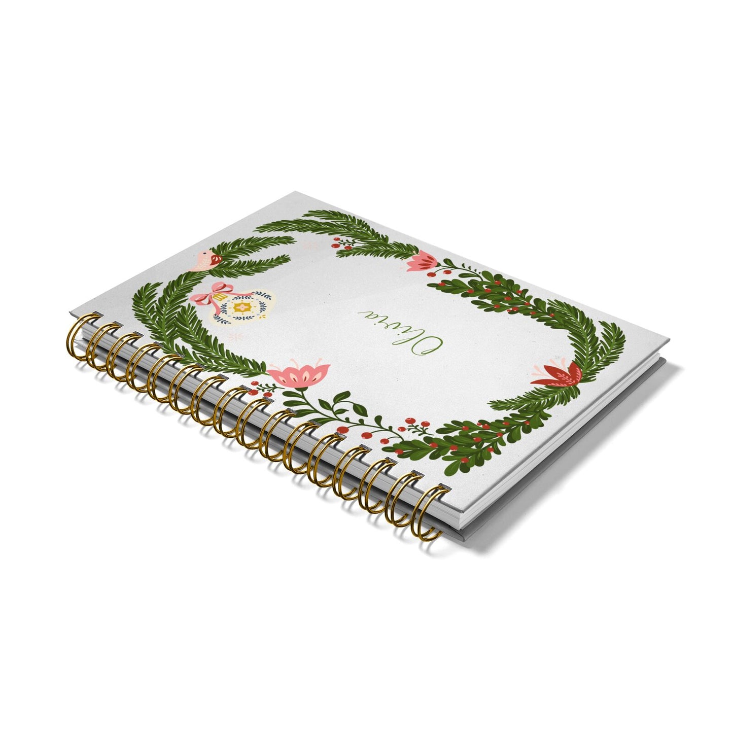 Personalised Vintage Foliage Christmas Notebook with Gold Coil Laid Flat