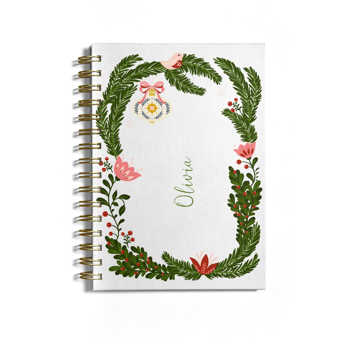 Personalised Vintage Foliage Christmas Notebook with Gold Coil