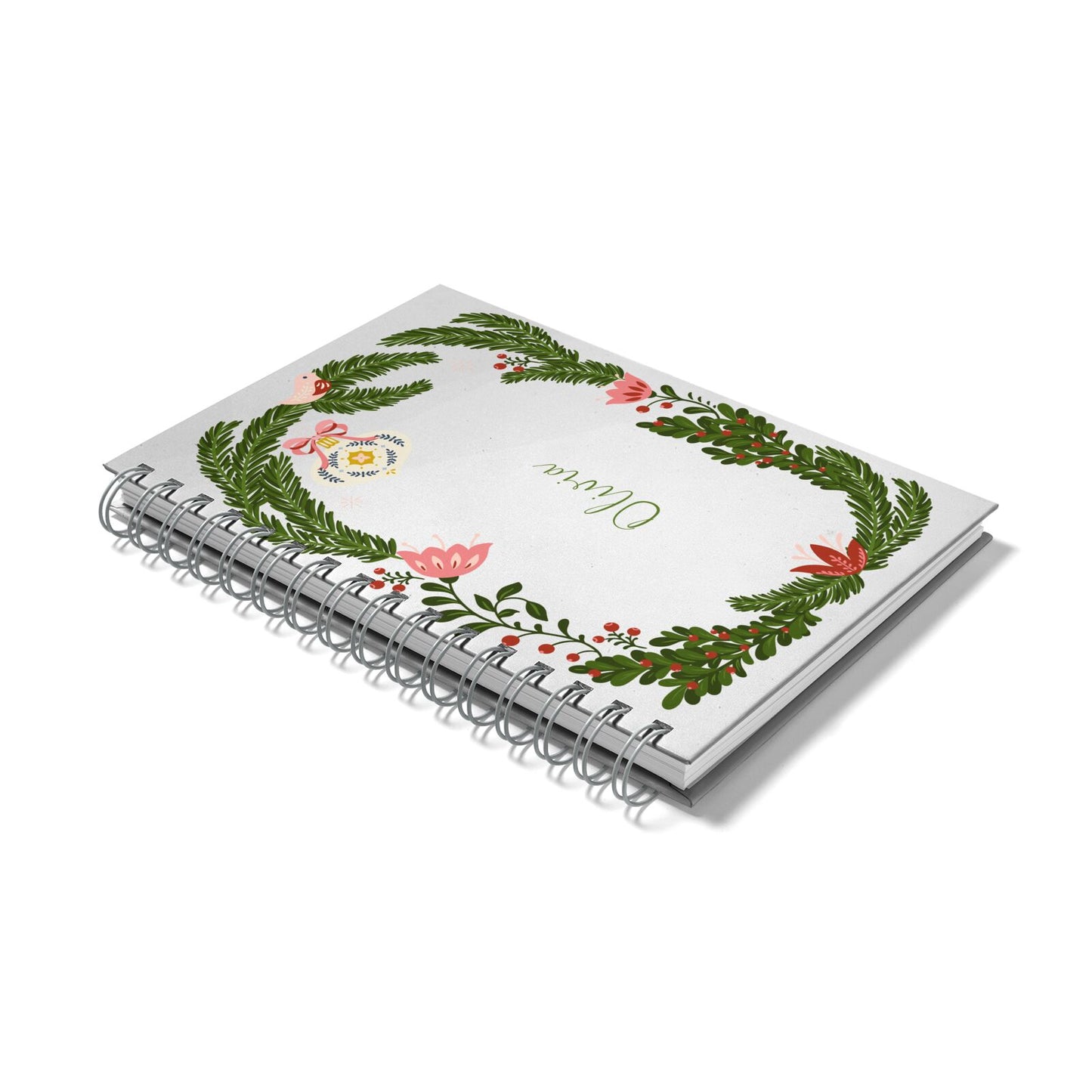 Personalised Vintage Foliage Christmas Notebook with Grey Coil Laid Flat