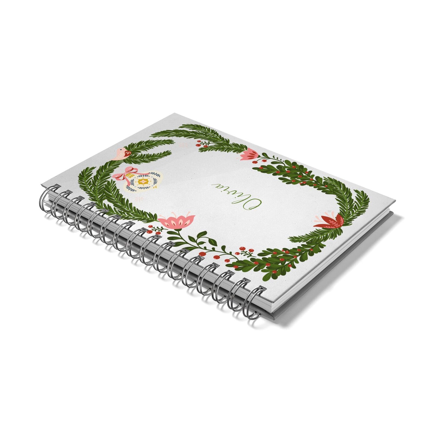 Personalised Vintage Foliage Christmas Notebook with Silver Coil Laid Flat