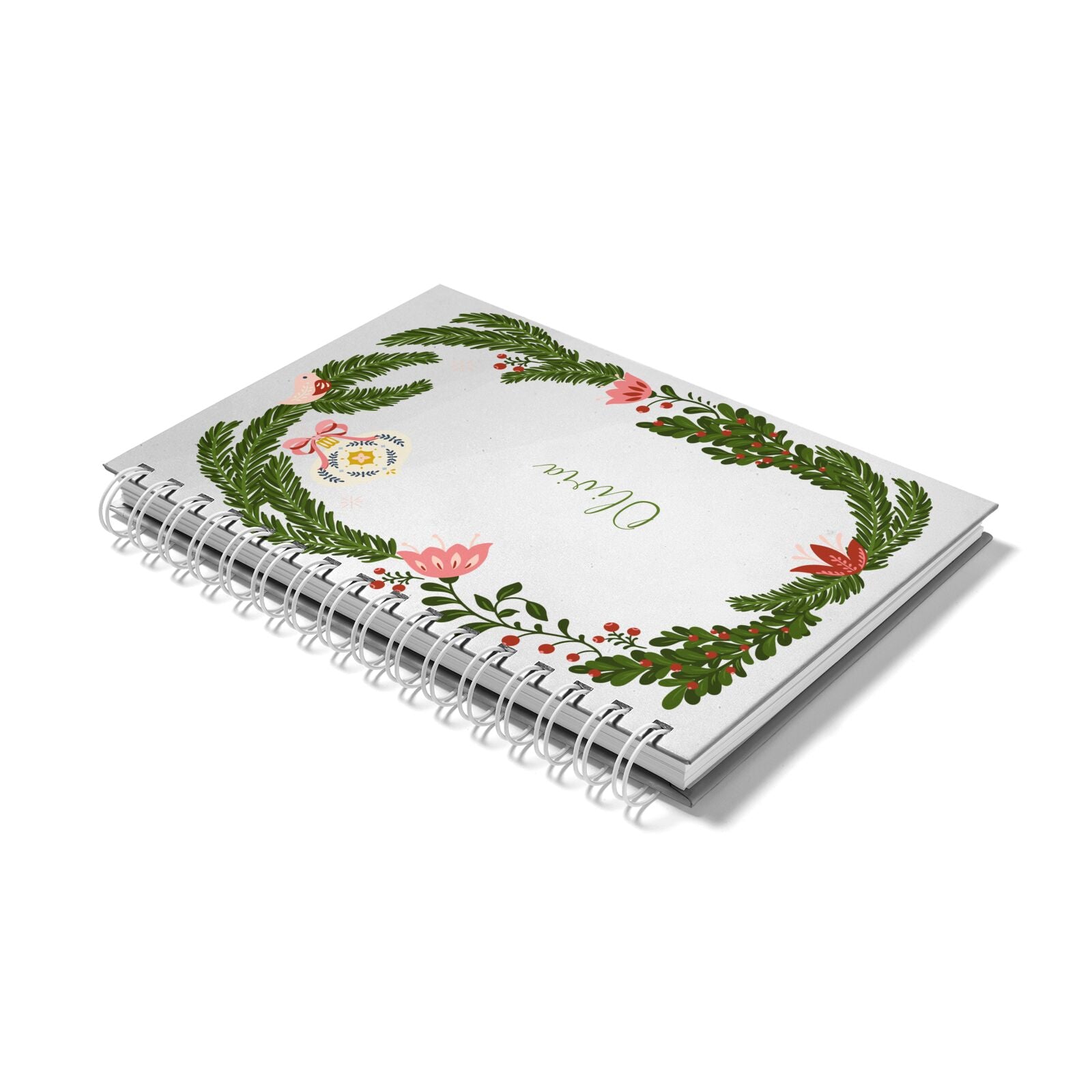 Personalised Vintage Foliage Christmas Notebook with White Coil Laid Flat