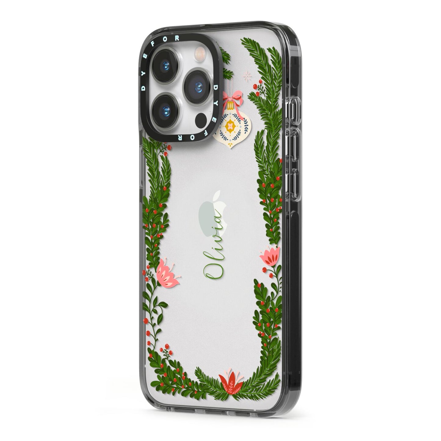 Personalised Vintage Foliage Christmas iPhone 13 Pro Black Impact Case Side Angle on Silver phone