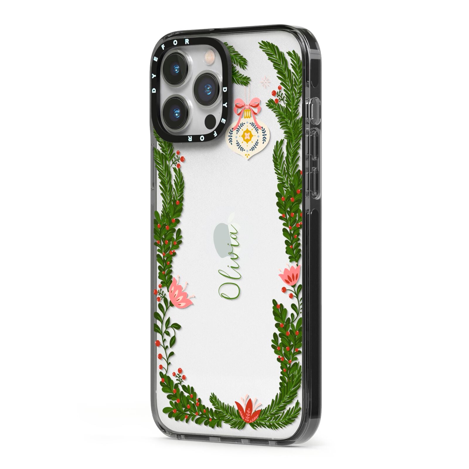 Personalised Vintage Foliage Christmas iPhone 13 Pro Max Black Impact Case Side Angle on Silver phone