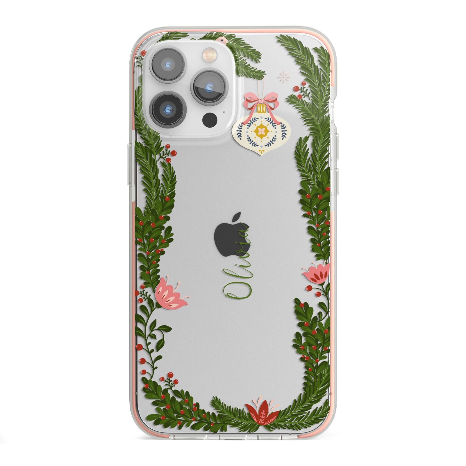 Personalised Vintage Foliage Christmas iPhone 13 Pro Max TPU Impact Case with Pink Edges