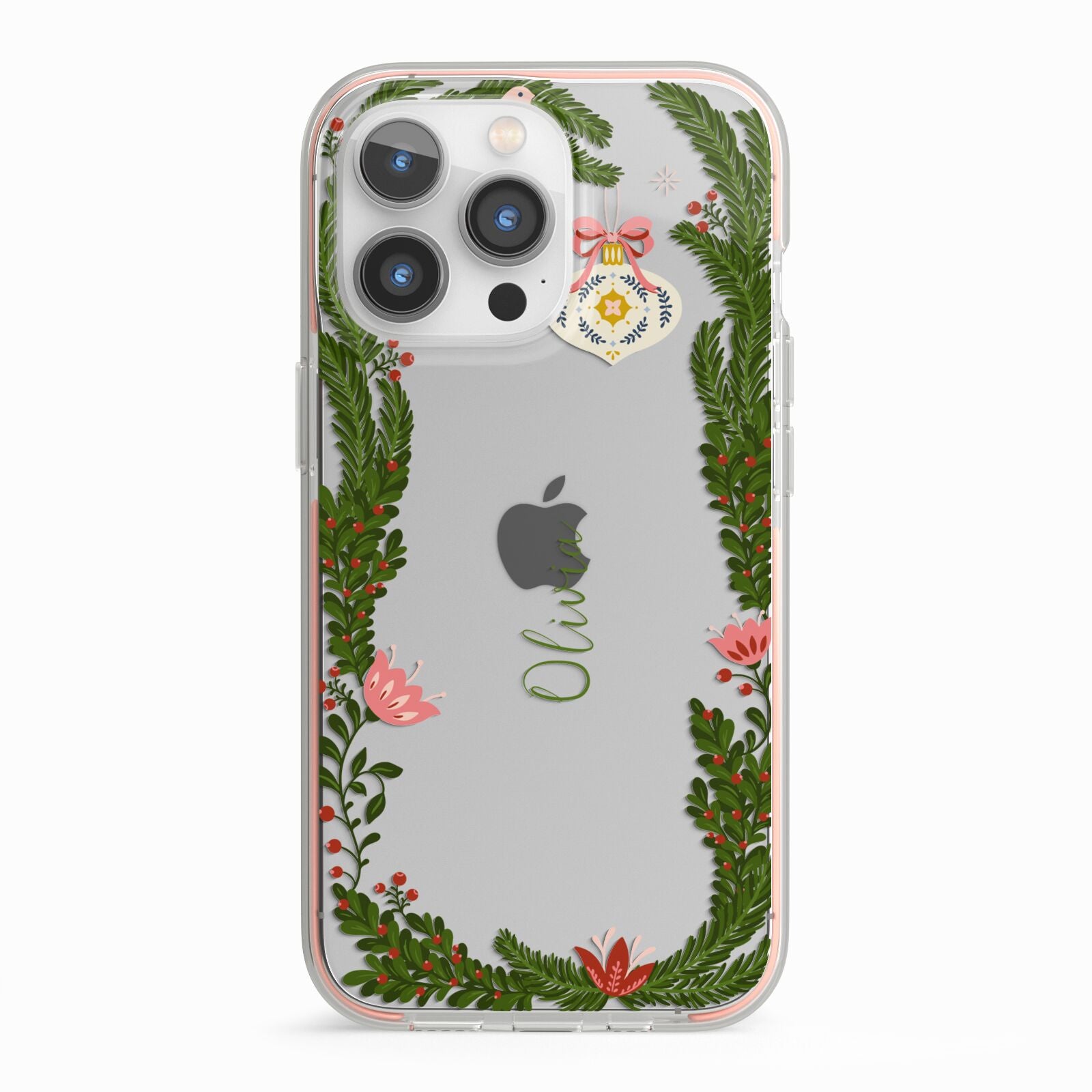 Personalised Vintage Foliage Christmas iPhone 13 Pro TPU Impact Case with Pink Edges