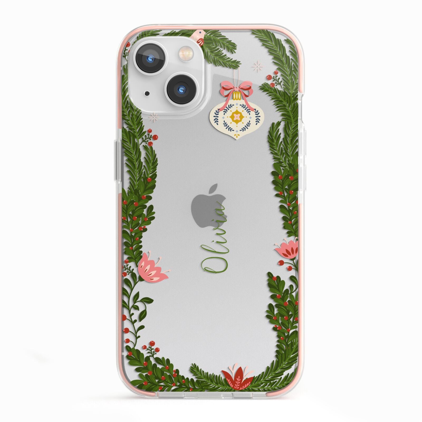 Personalised Vintage Foliage Christmas iPhone 13 TPU Impact Case with Pink Edges