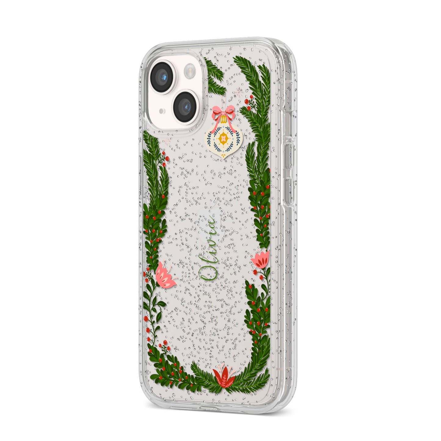 Personalised Vintage Foliage Christmas iPhone 14 Glitter Tough Case Starlight Angled Image