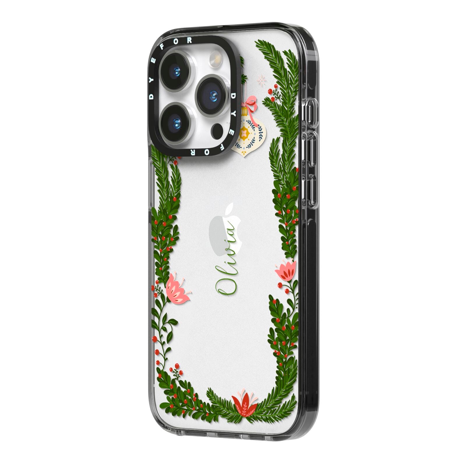 Personalised Vintage Foliage Christmas iPhone 14 Pro Black Impact Case Side Angle on Silver phone