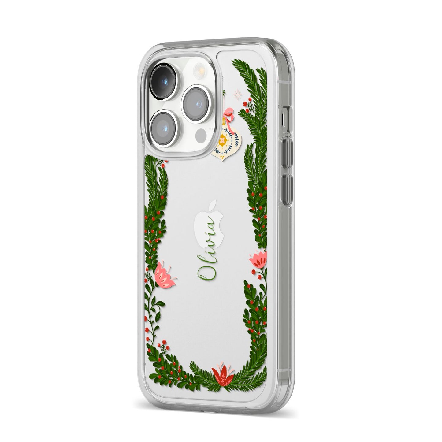 Personalised Vintage Foliage Christmas iPhone 14 Pro Clear Tough Case Silver Angled Image