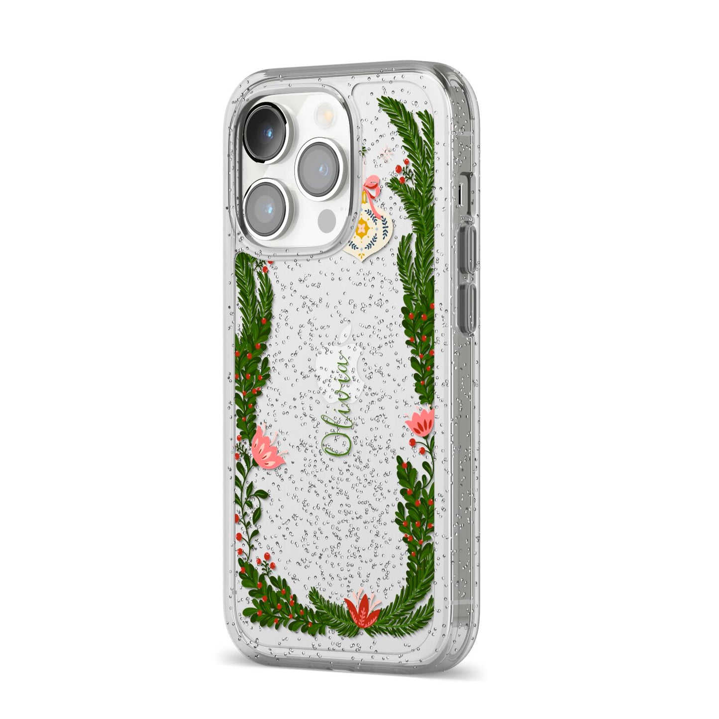Personalised Vintage Foliage Christmas iPhone 14 Pro Glitter Tough Case Silver Angled Image