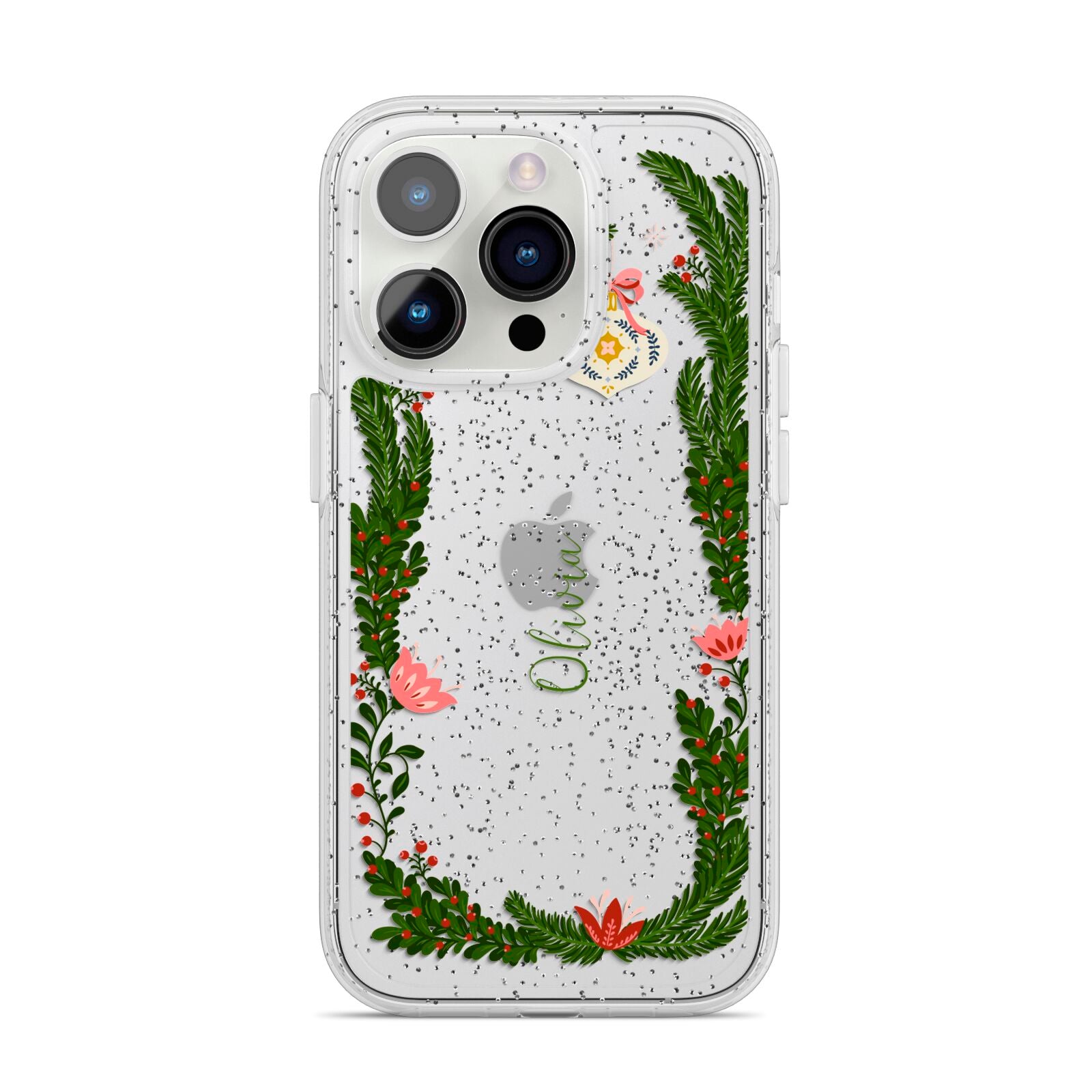 Personalised Vintage Foliage Christmas iPhone 14 Pro Glitter Tough Case Silver