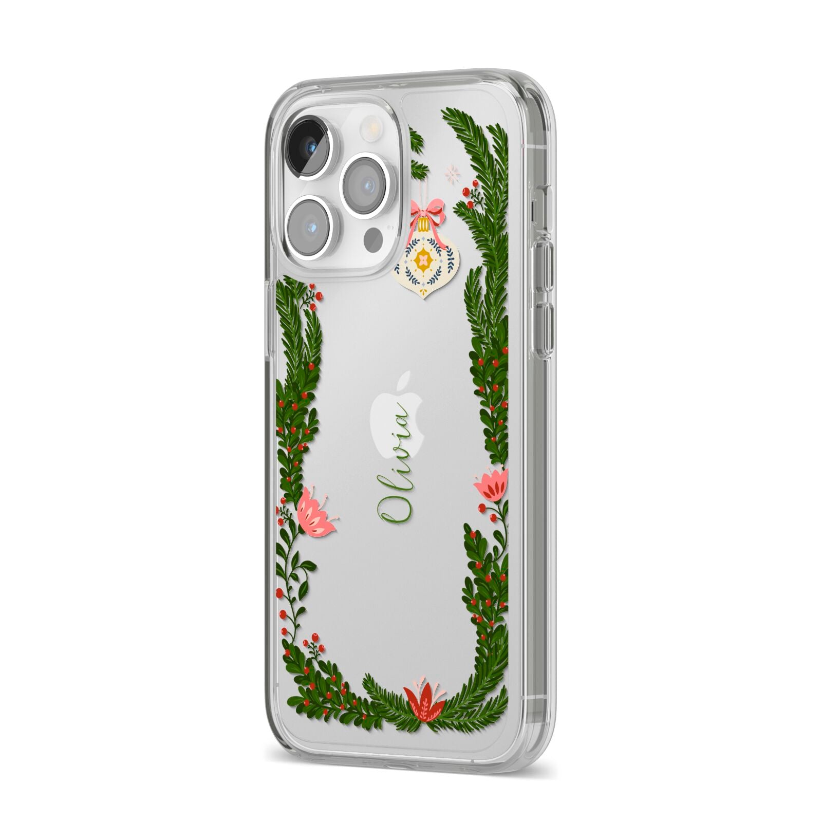Personalised Vintage Foliage Christmas iPhone 14 Pro Max Clear Tough Case Silver Angled Image