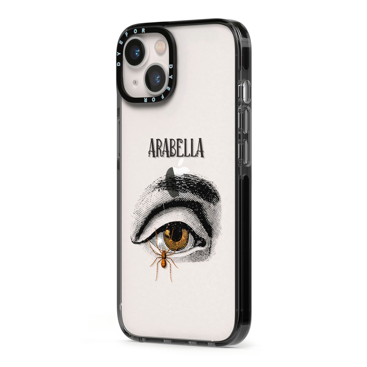 Personalised Vintage Halloween Eye iPhone 13 Black Impact Case Side Angle on Silver phone