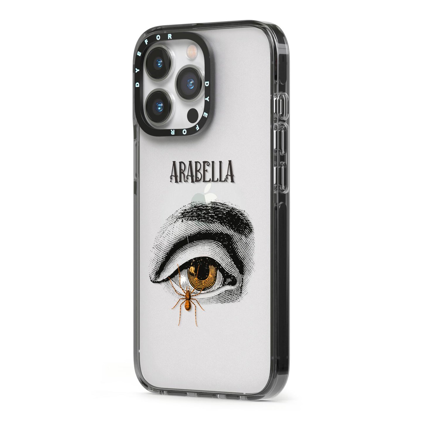 Personalised Vintage Halloween Eye iPhone 13 Pro Black Impact Case Side Angle on Silver phone