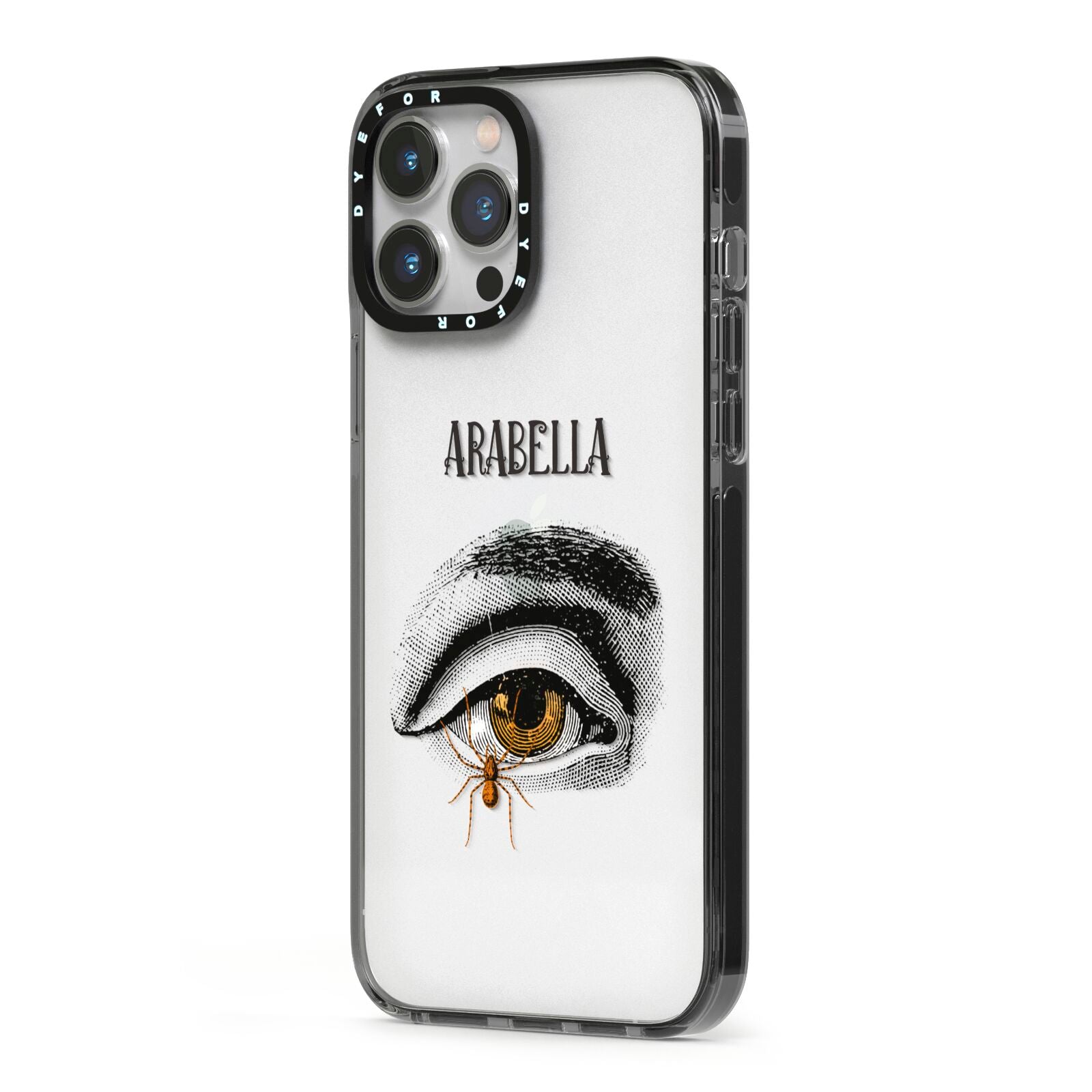 Personalised Vintage Halloween Eye iPhone 13 Pro Max Black Impact Case Side Angle on Silver phone