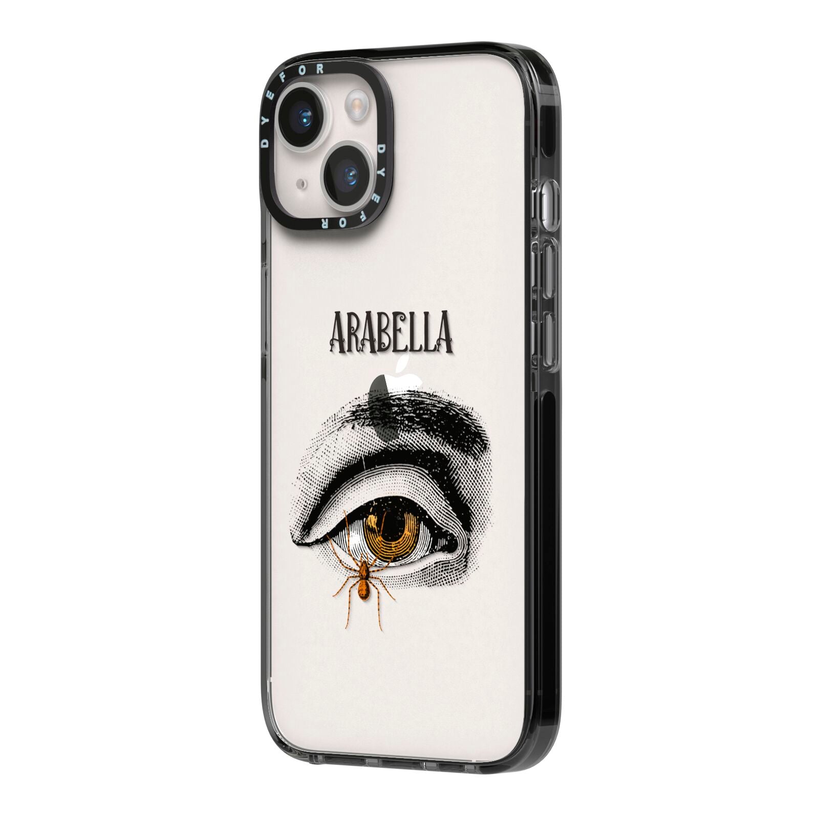 Personalised Vintage Halloween Eye iPhone 14 Black Impact Case Side Angle on Silver phone