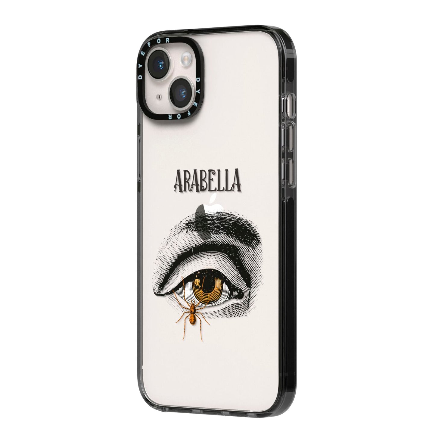 Personalised Vintage Halloween Eye iPhone 14 Plus Black Impact Case Side Angle on Silver phone