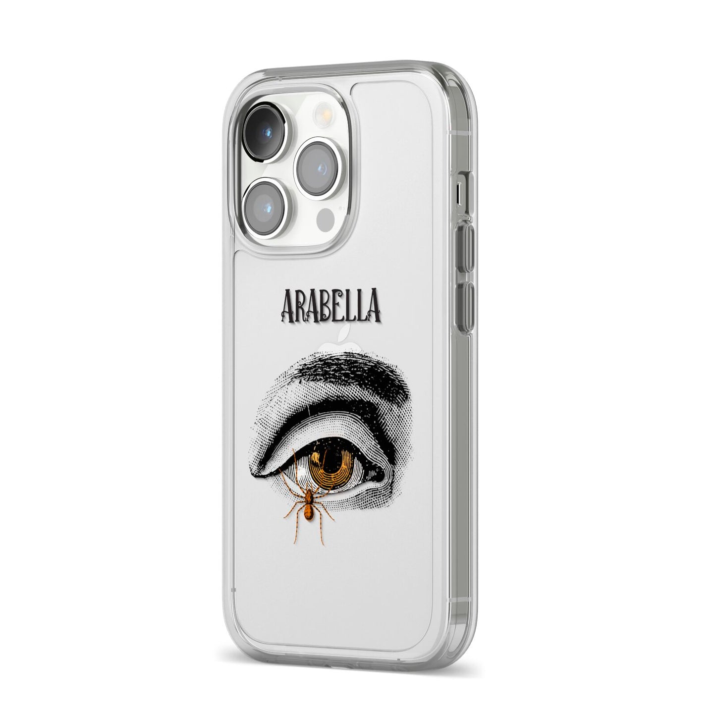 Personalised Vintage Halloween Eye iPhone 14 Pro Clear Tough Case Silver Angled Image