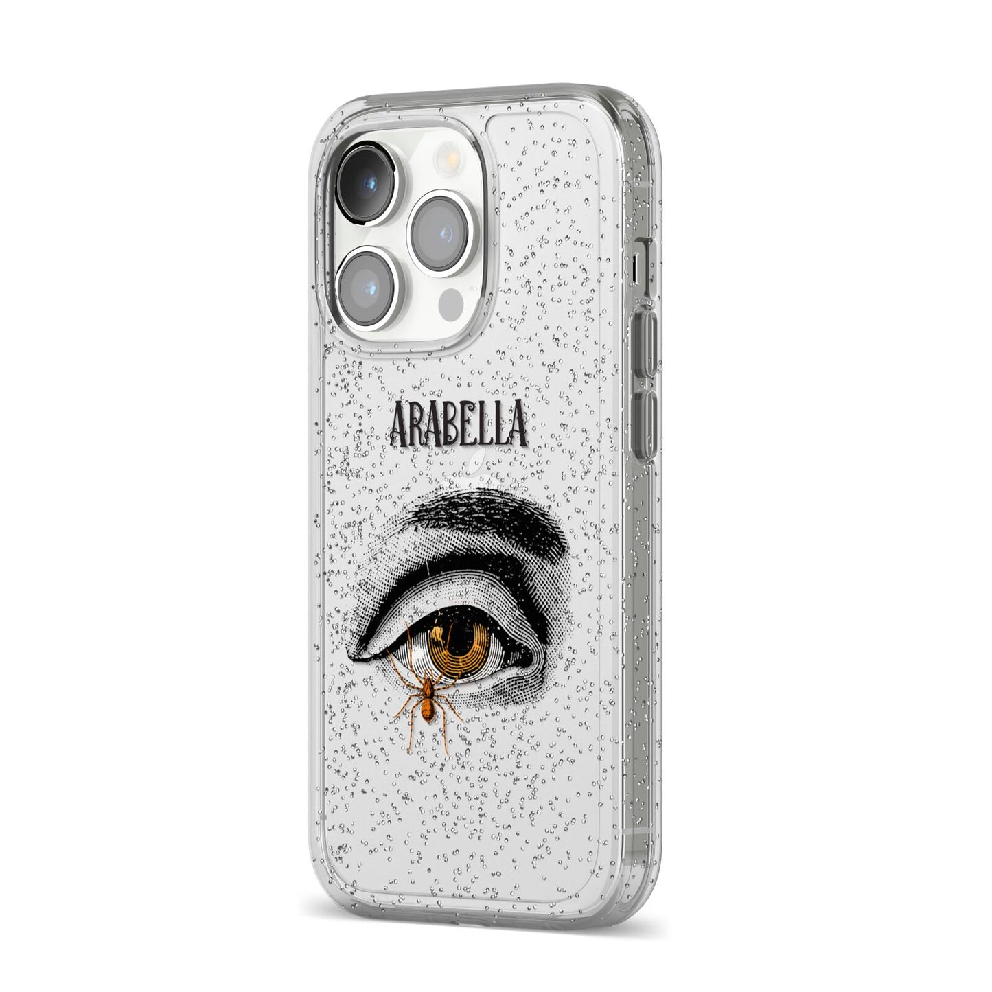 Personalised Vintage Halloween Eye iPhone 14 Pro Glitter Tough Case Silver Angled Image