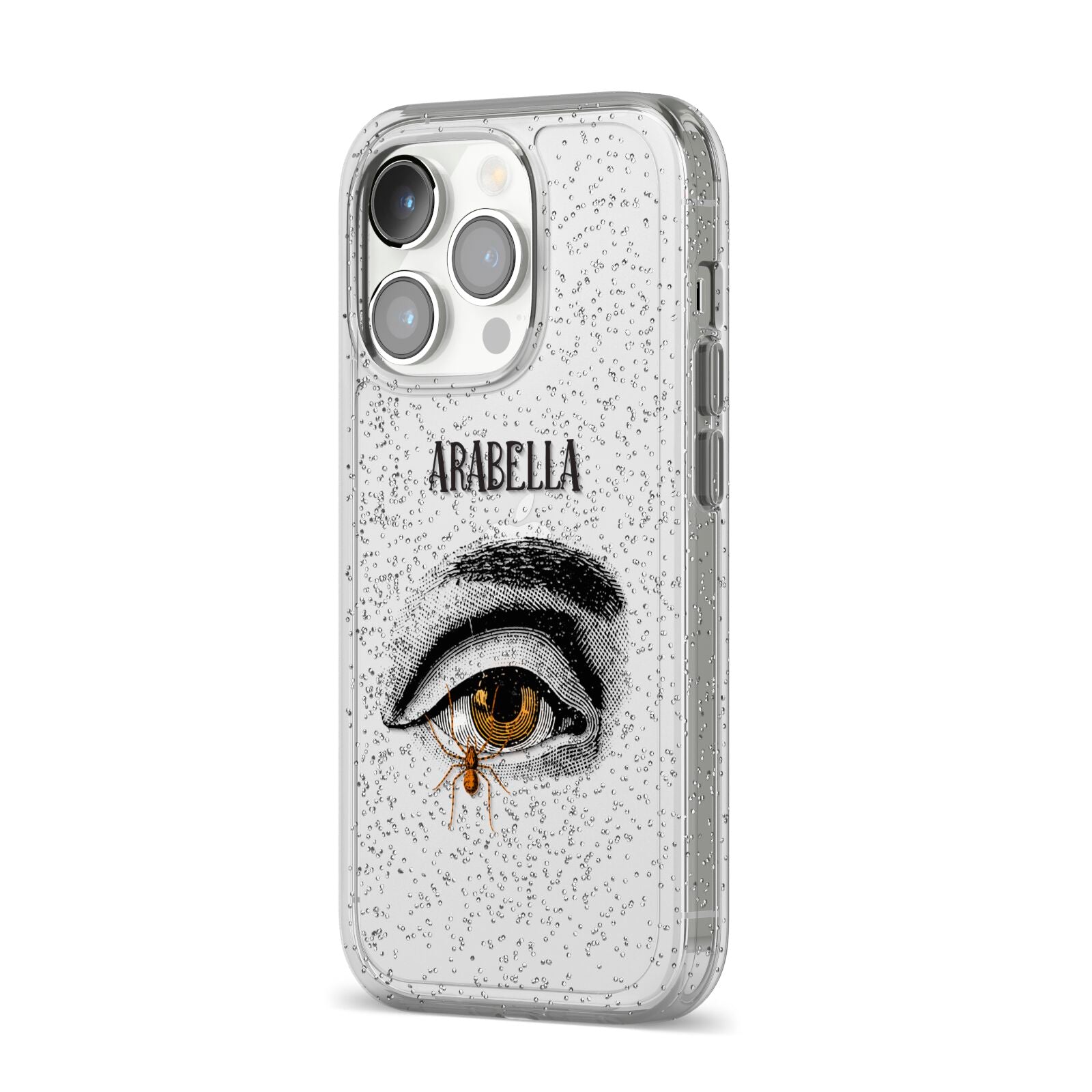 Personalised Vintage Halloween Eye iPhone 14 Pro Glitter Tough Case Silver Angled Image