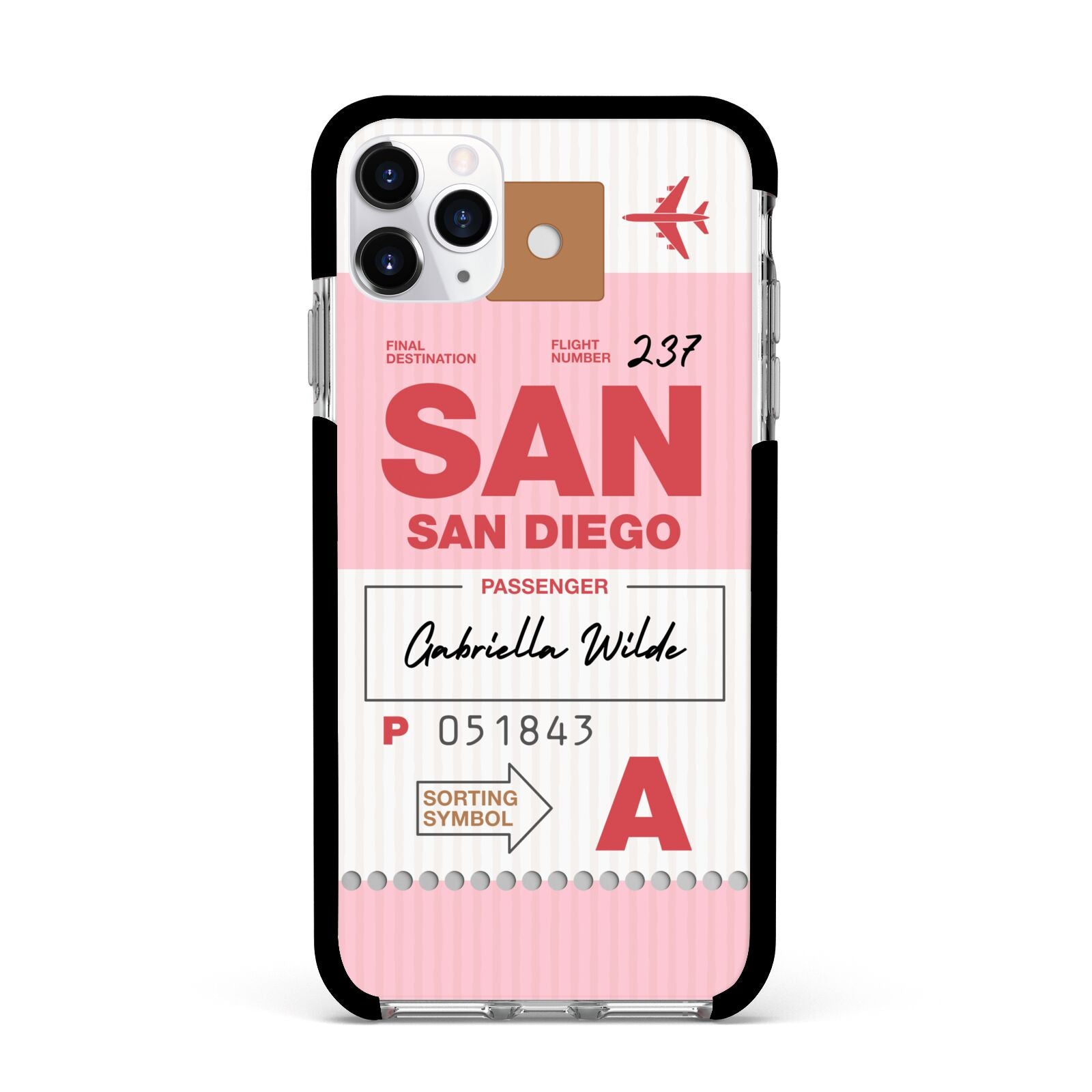 Personalised Vintage Luggage Tag Apple iPhone 11 Pro Max in Silver with Black Impact Case