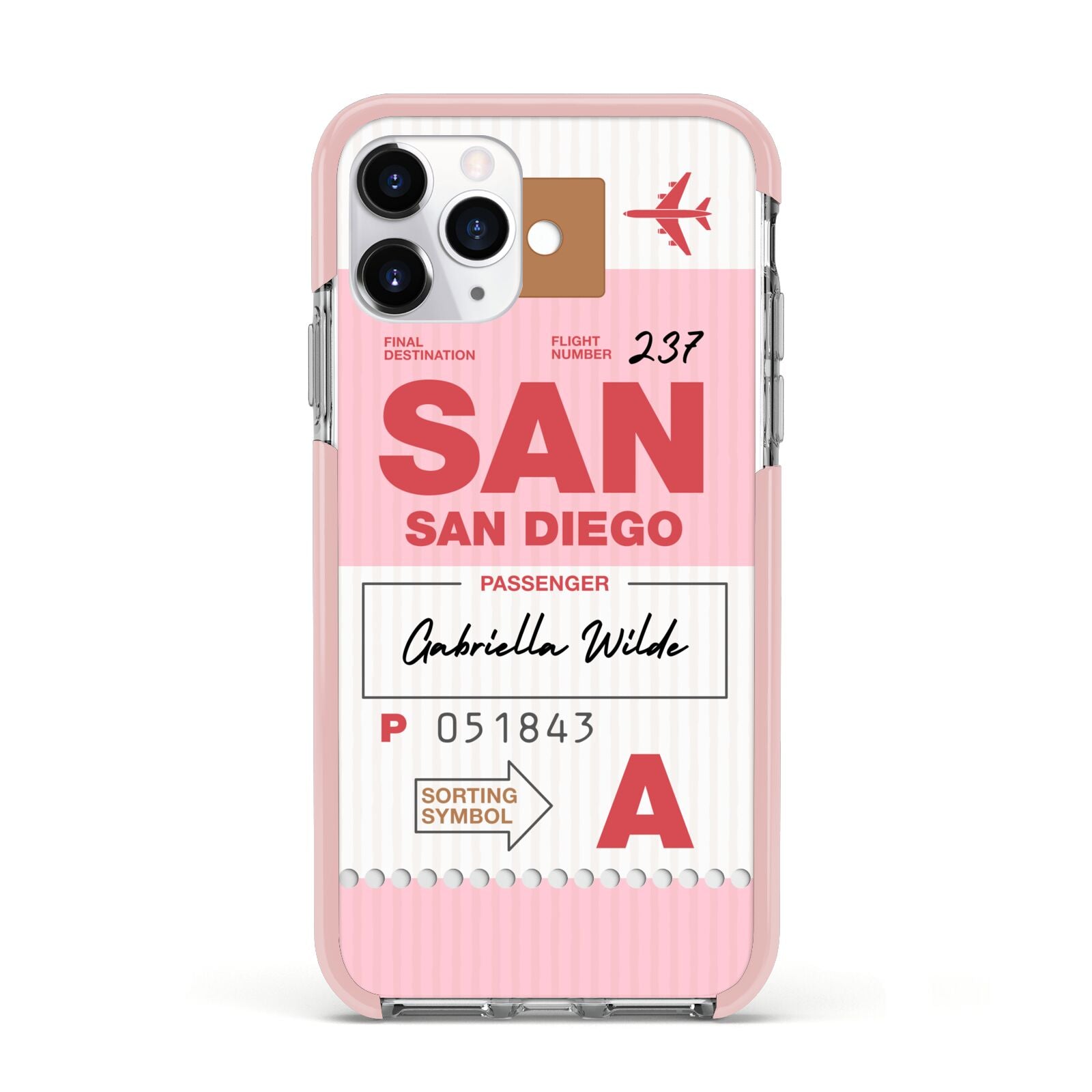 Personalised Vintage Luggage Tag Apple iPhone 11 Pro in Silver with Pink Impact Case