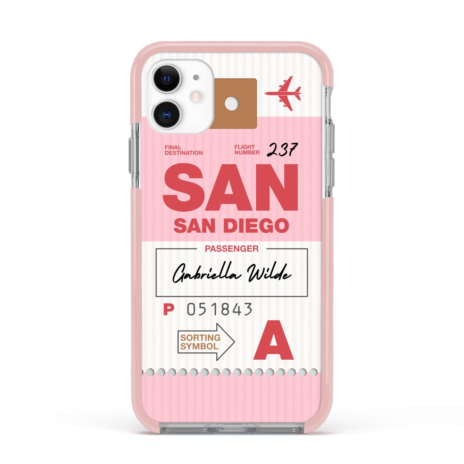 Personalised Vintage Luggage Tag Apple iPhone 11 in White with Pink Impact Case