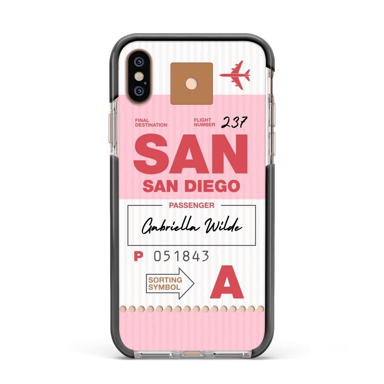 Personalised Vintage Luggage Tag Apple iPhone Xs Impact Case Black Edge on Gold Phone