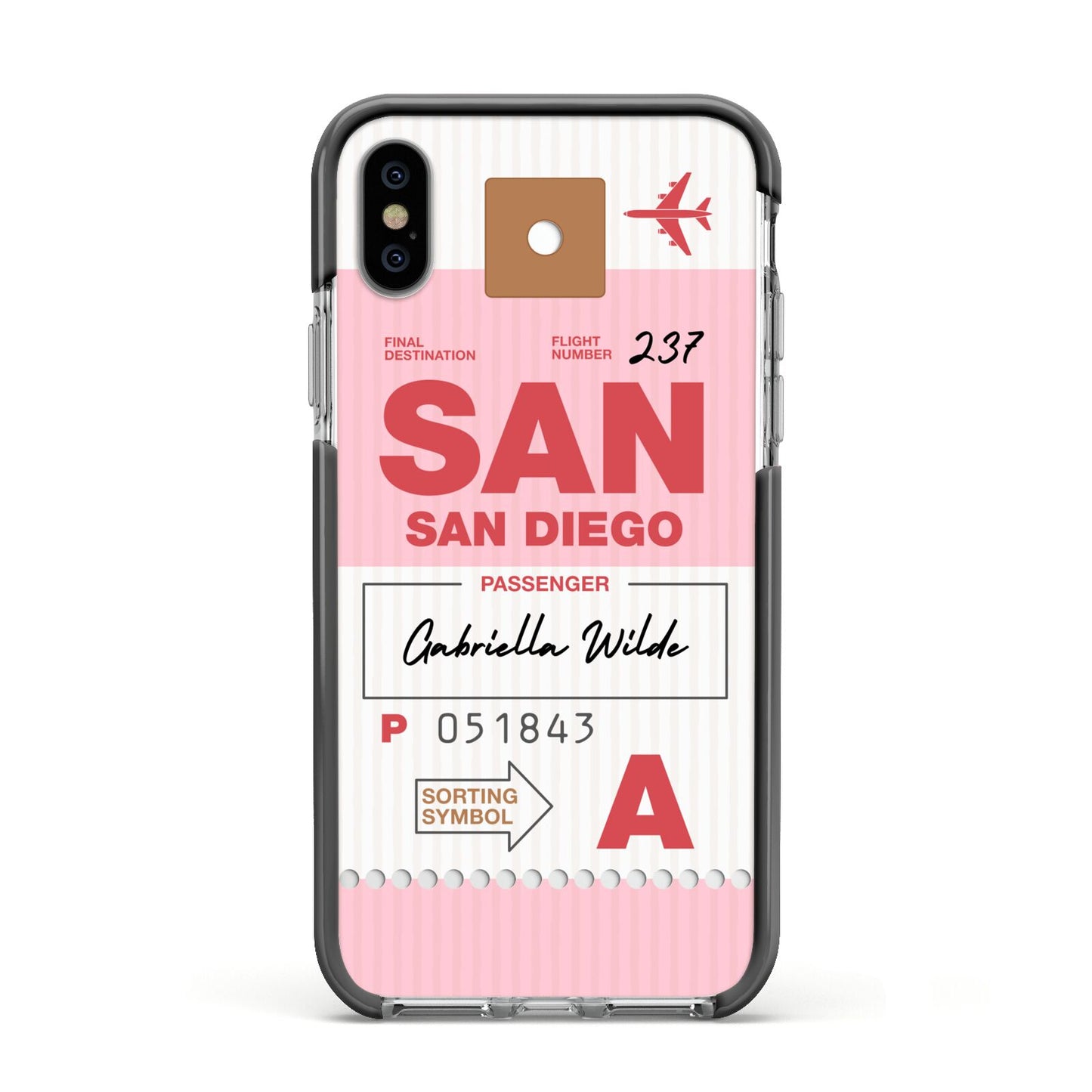 Personalised Vintage Luggage Tag Apple iPhone Xs Impact Case Black Edge on Silver Phone