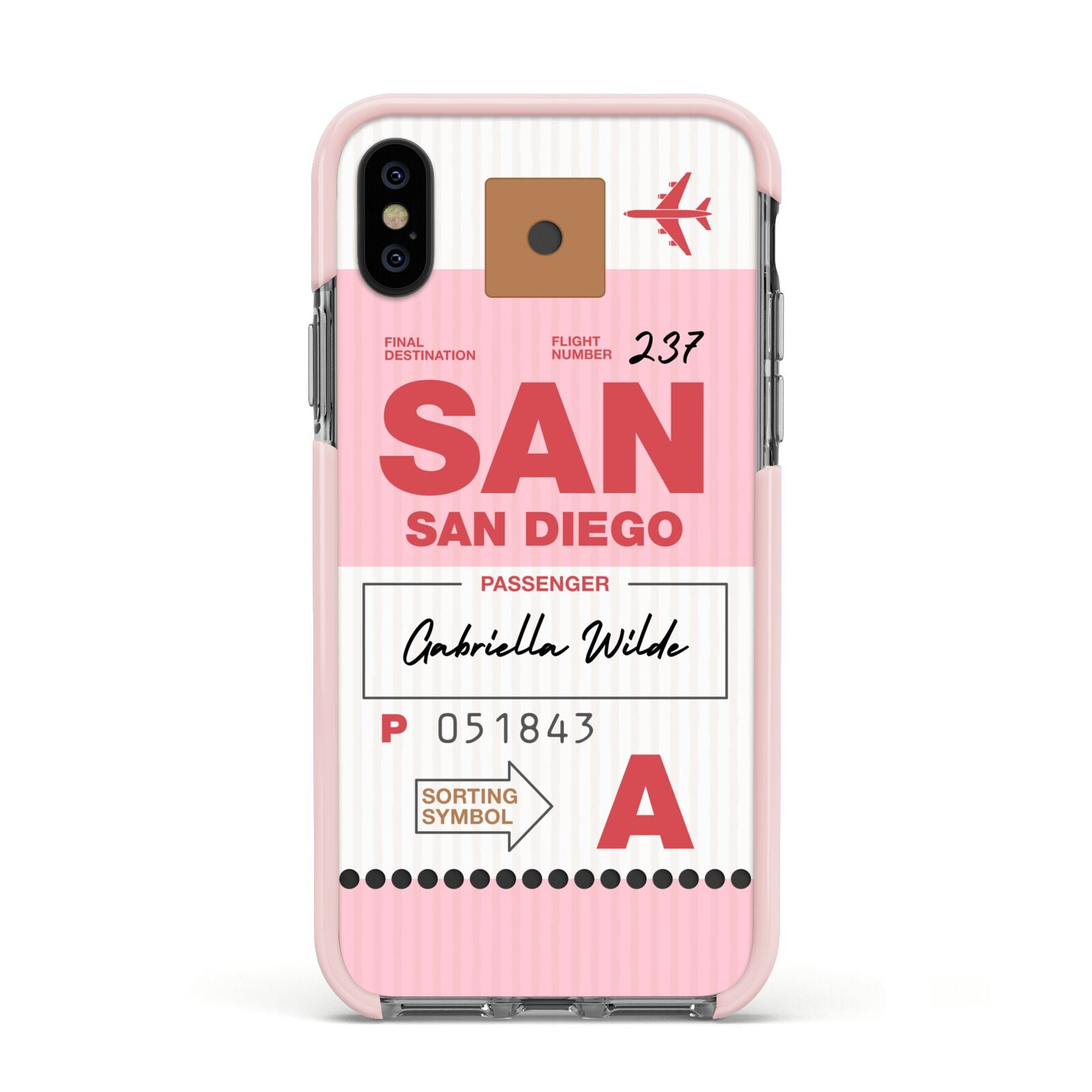 Personalised Vintage Luggage Tag Apple iPhone Xs Impact Case Pink Edge on Black Phone