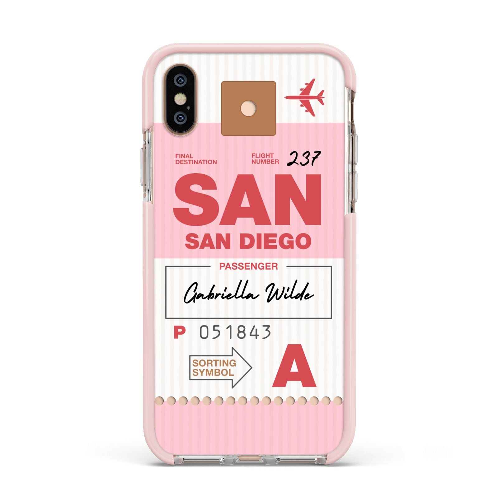 Personalised Vintage Luggage Tag Apple iPhone Xs Impact Case Pink Edge on Gold Phone