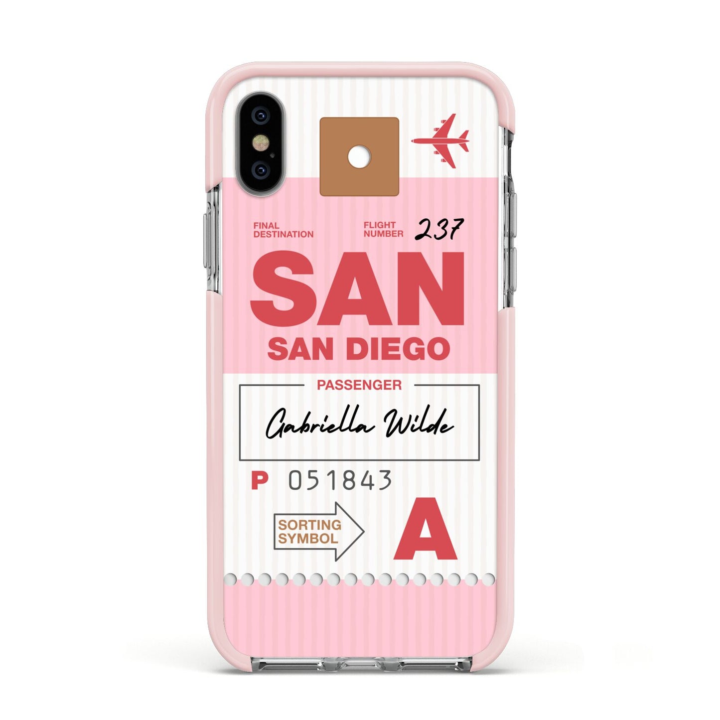 Personalised Vintage Luggage Tag Apple iPhone Xs Impact Case Pink Edge on Silver Phone
