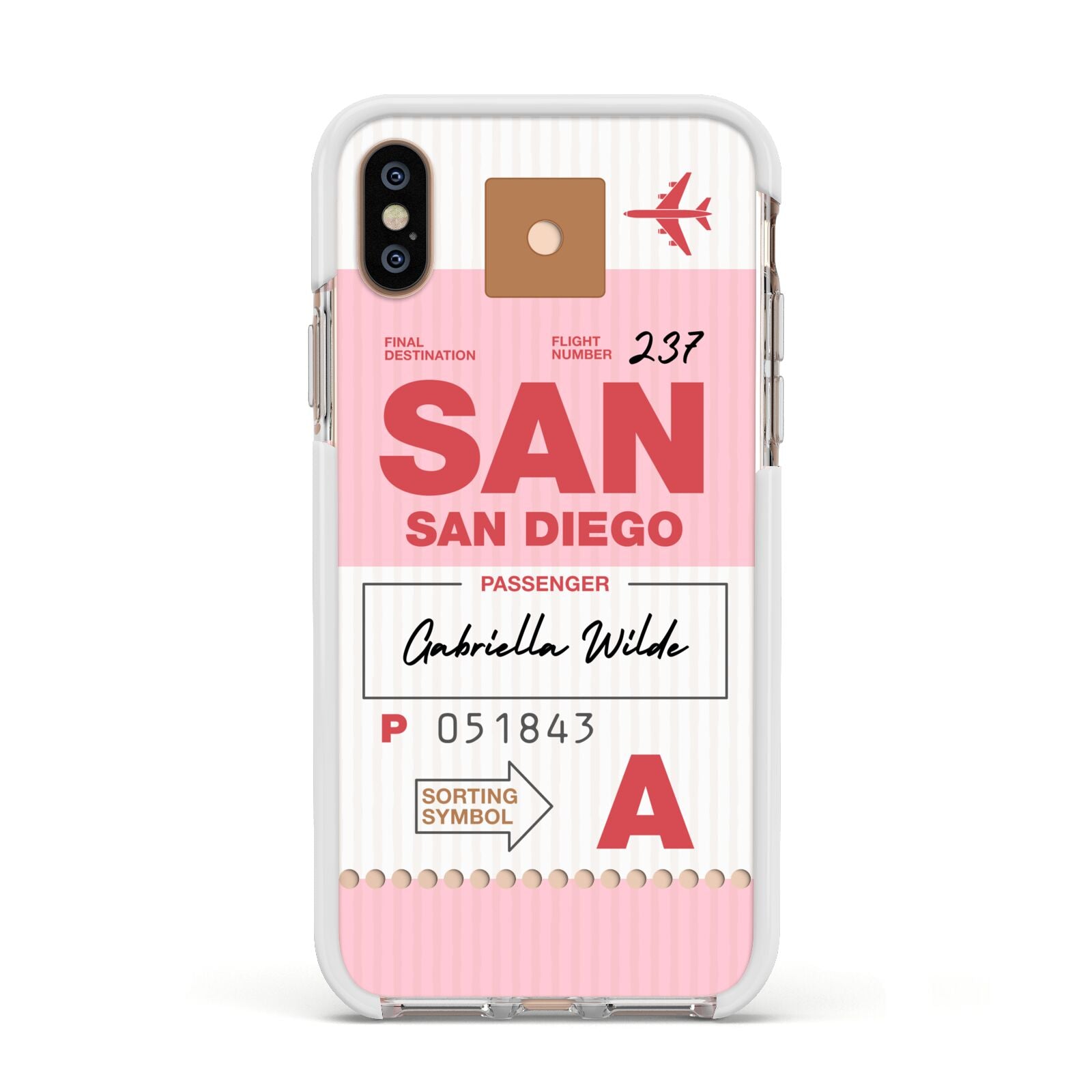 Personalised Vintage Luggage Tag Apple iPhone Xs Impact Case White Edge on Gold Phone