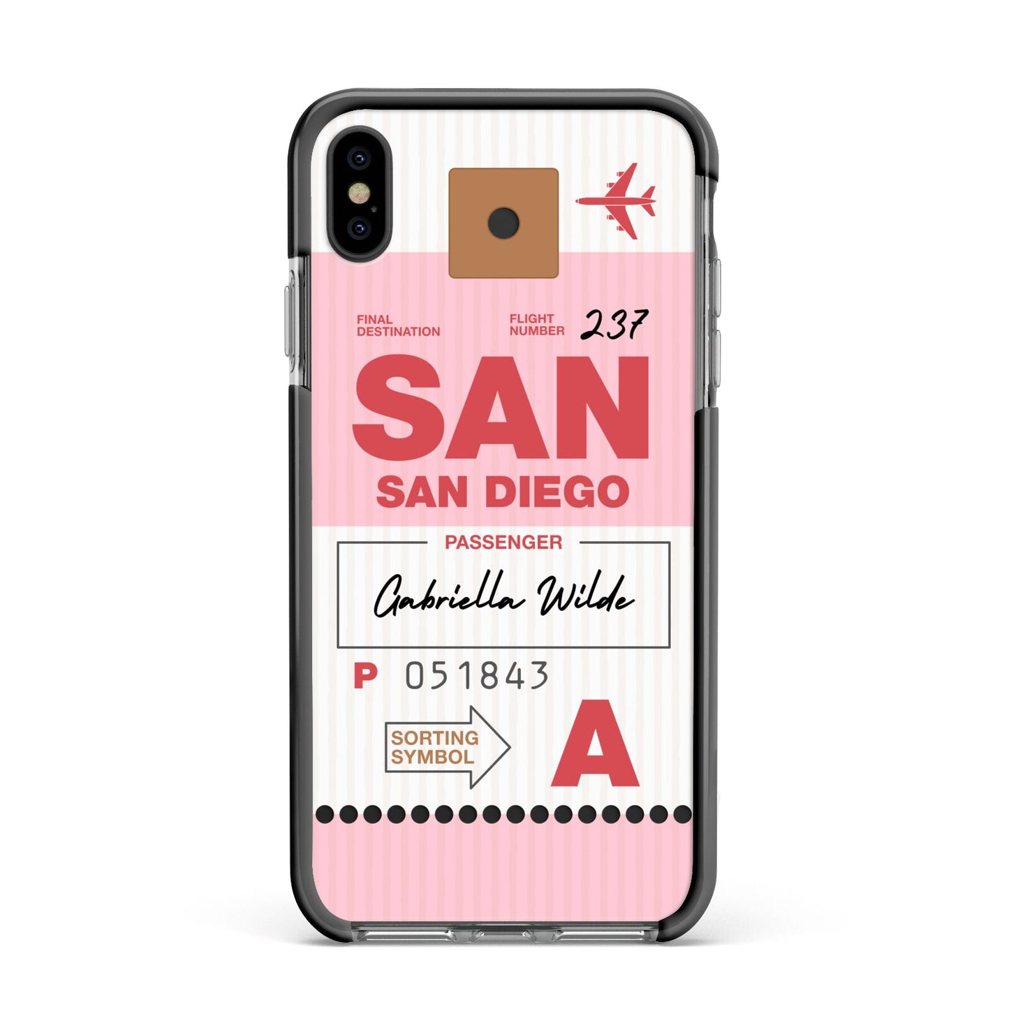 Personalised Vintage Luggage Tag Apple iPhone Xs Max Impact Case Black Edge on Black Phone