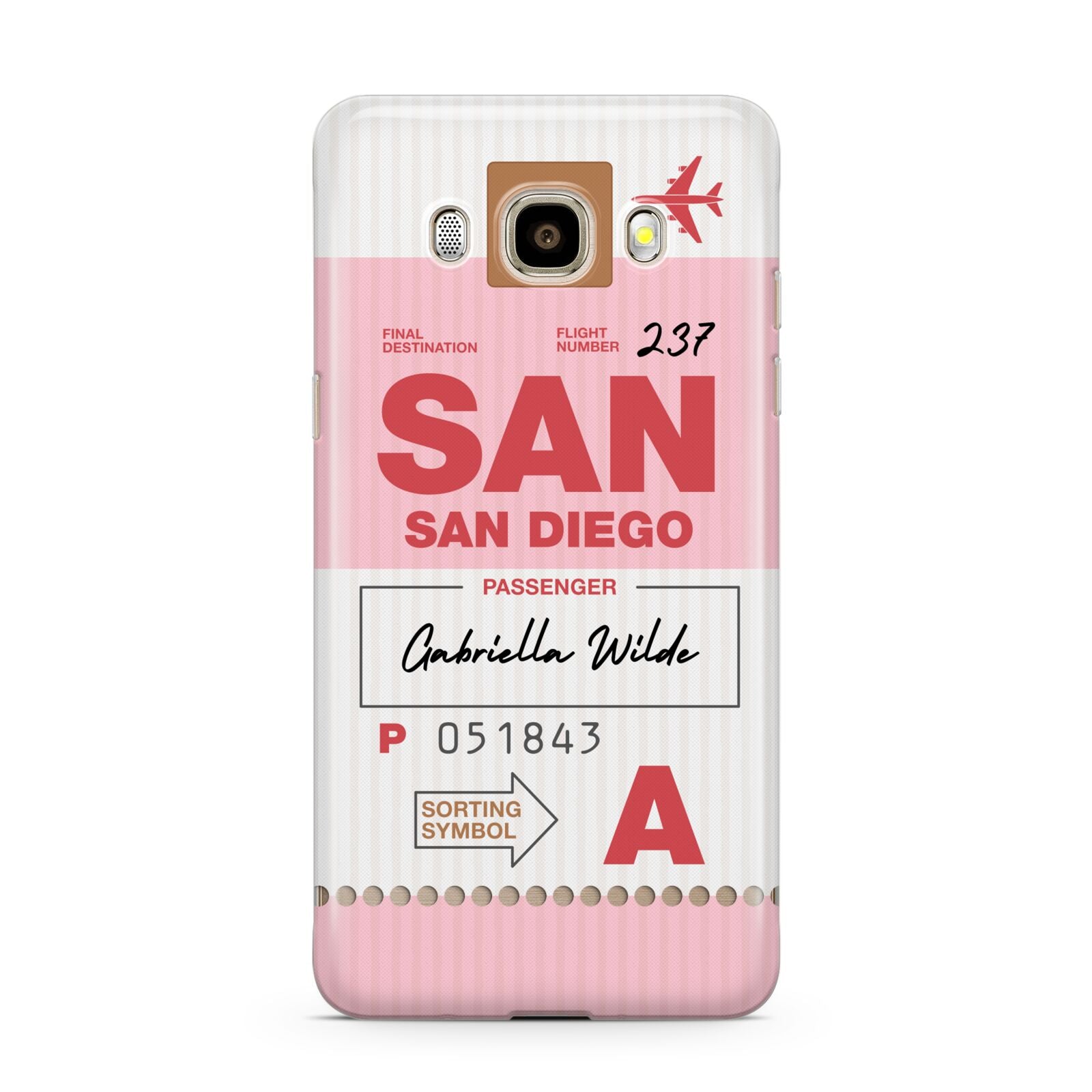 Personalised Vintage Luggage Tag Samsung Galaxy J7 2016 Case on gold phone