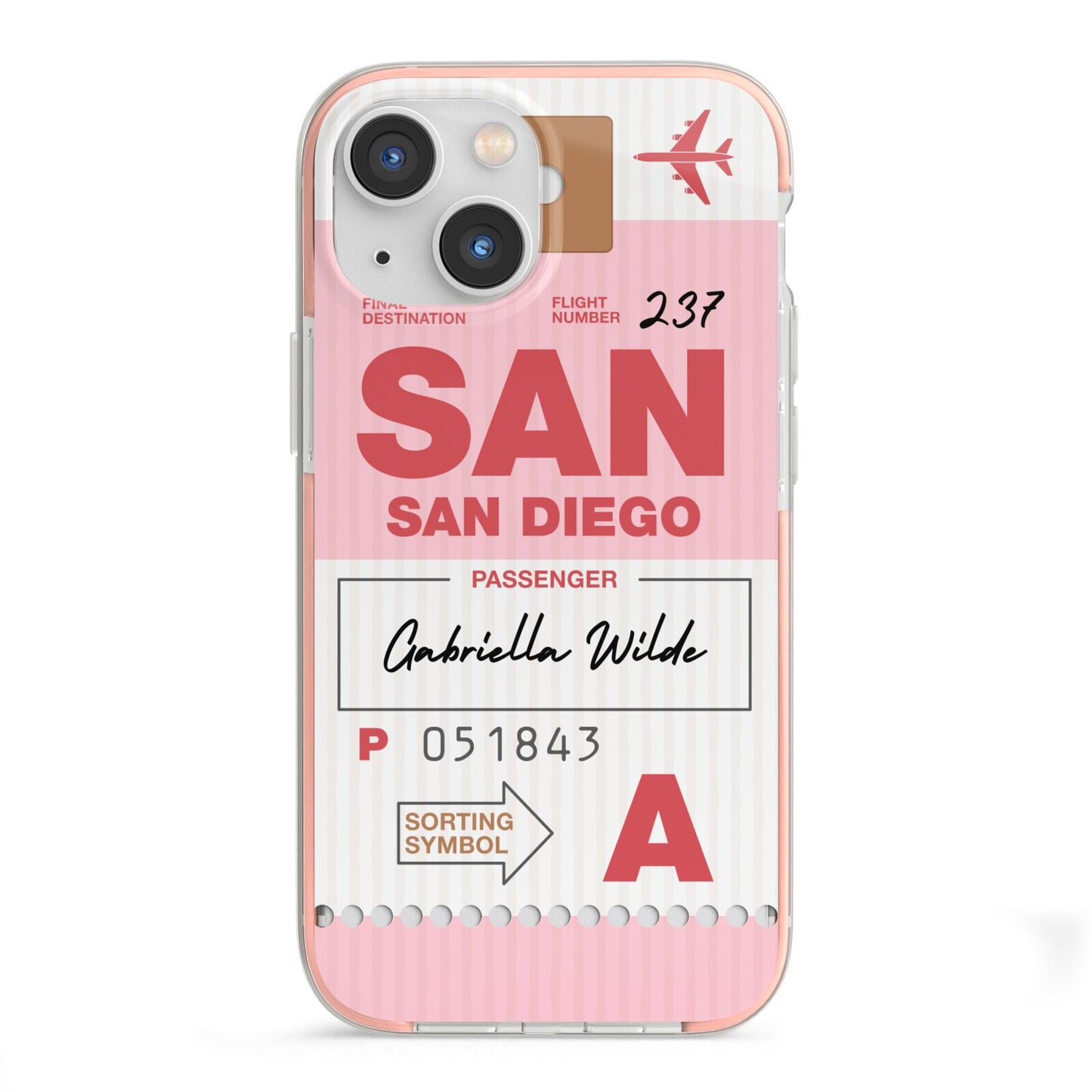 Personalised Vintage Luggage Tag iPhone 13 Mini TPU Impact Case with Pink Edges