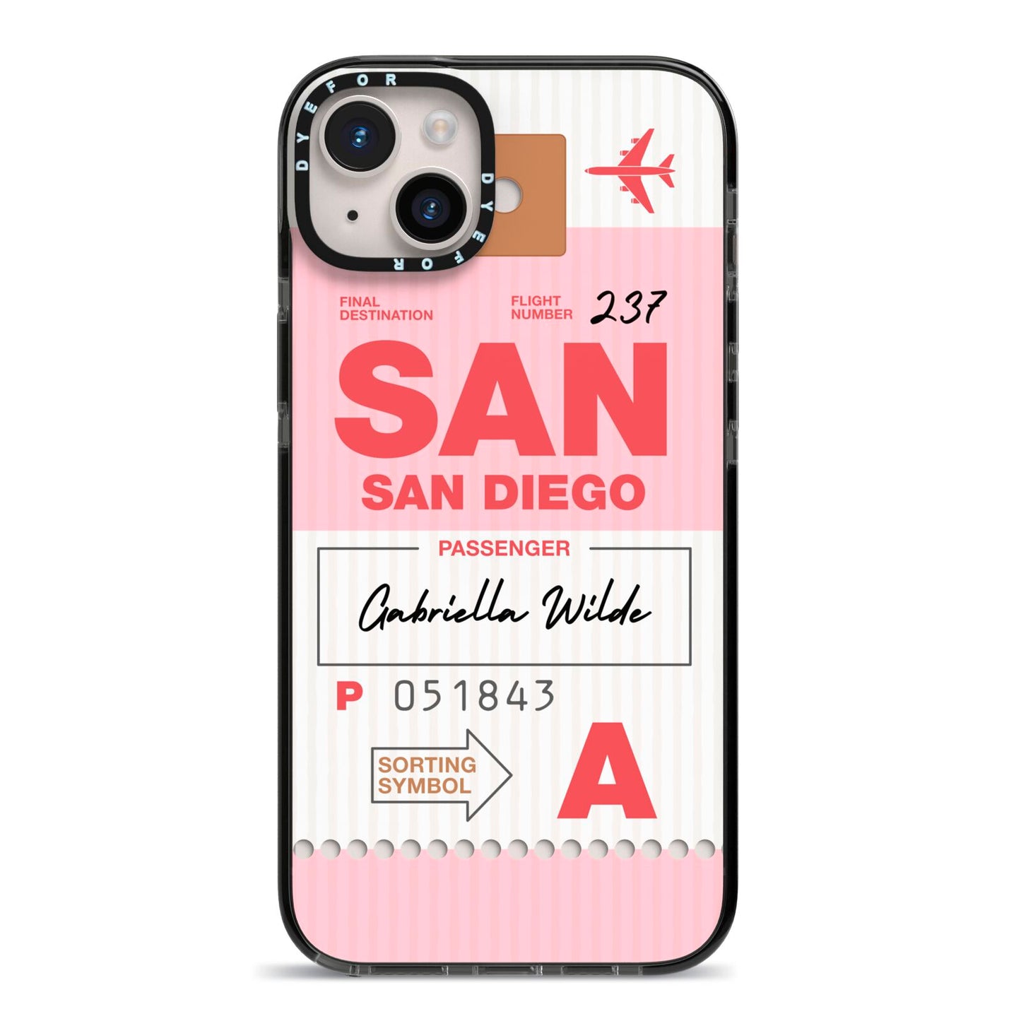 Personalised Vintage Luggage Tag iPhone 14 Plus Black Impact Case on Silver phone