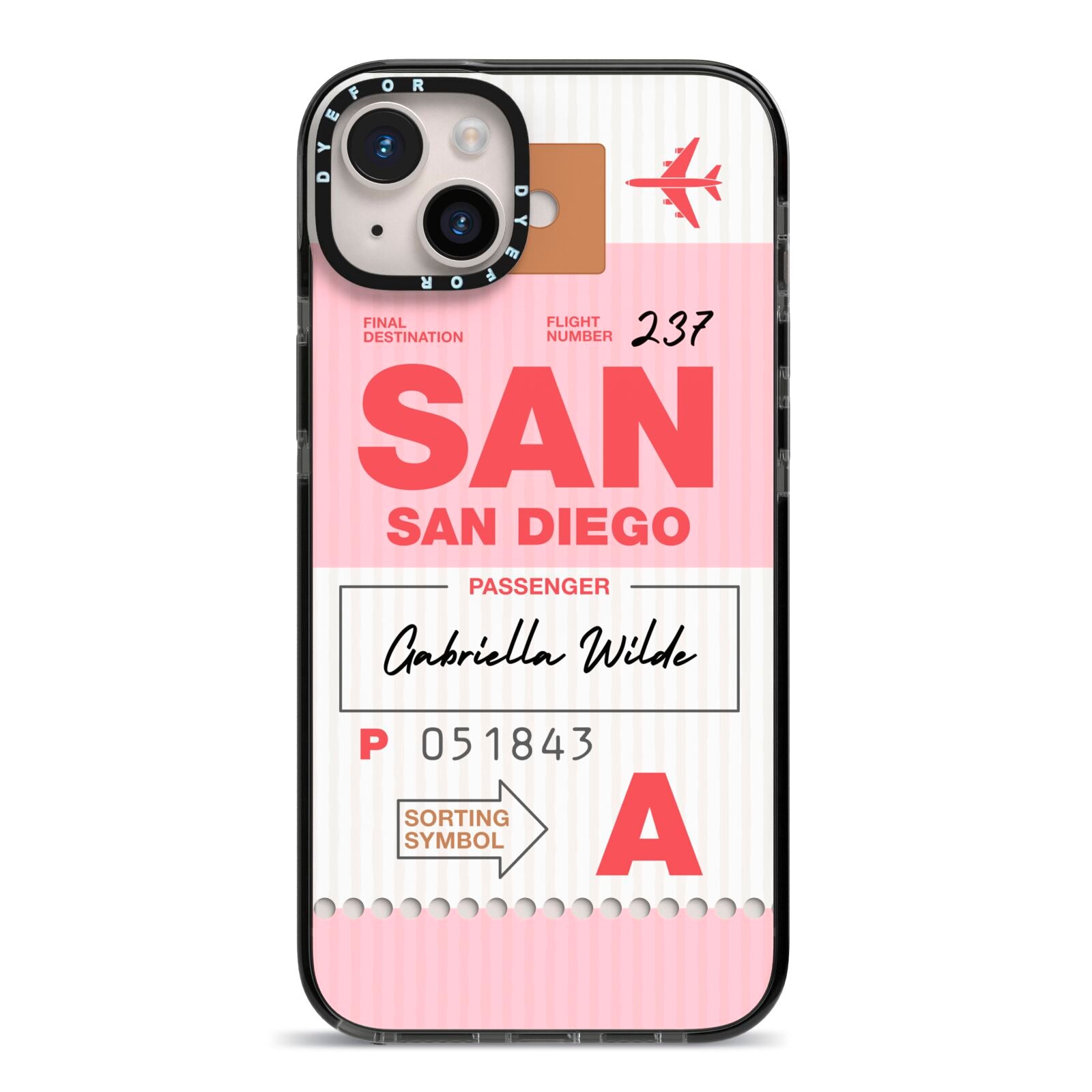 Personalised Vintage Luggage Tag iPhone 14 Plus Black Impact Case on Silver phone