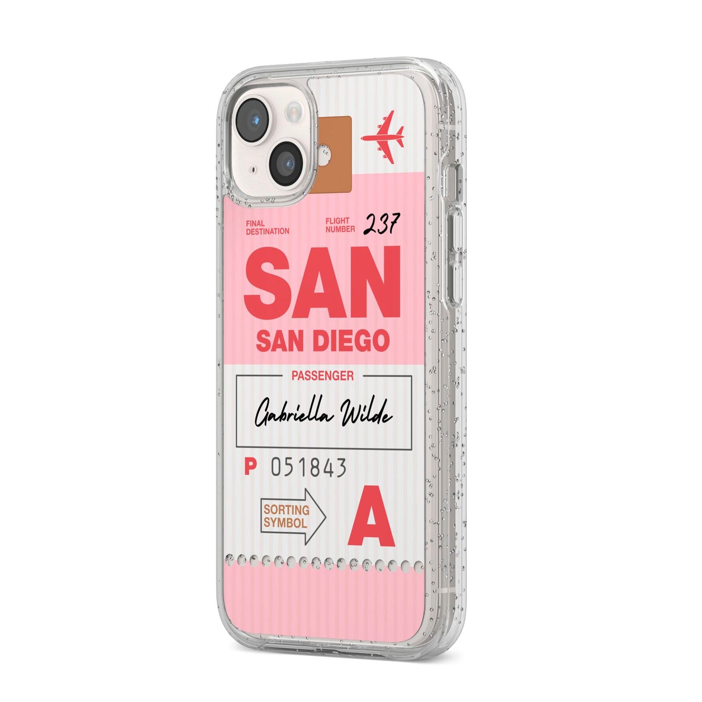 Personalised Vintage Luggage Tag iPhone 14 Plus Glitter Tough Case Starlight Angled Image