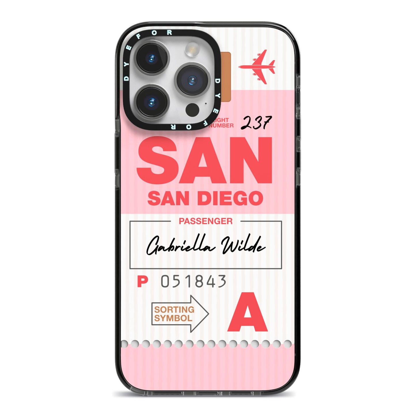 Personalised Vintage Luggage Tag iPhone 14 Pro Max Black Impact Case on Silver phone