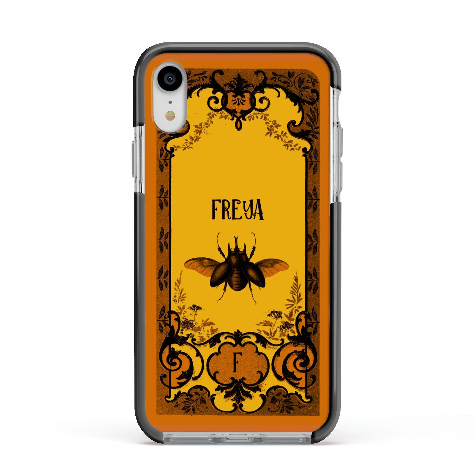 Personalised Vintage Spooky Beetle Apple iPhone XR Impact Case Black Edge on Silver Phone
