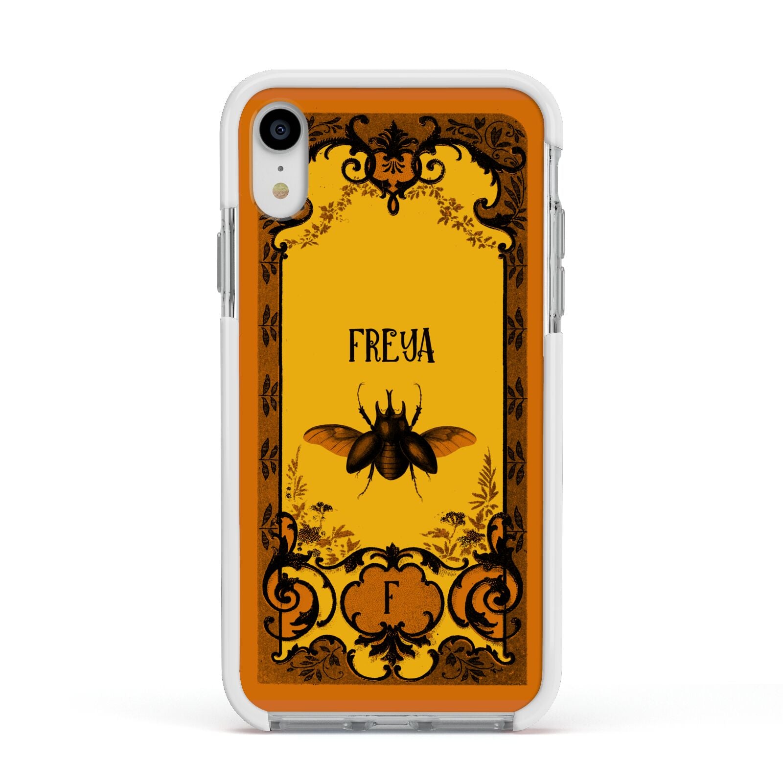 Personalised Vintage Spooky Beetle Apple iPhone XR Impact Case White Edge on Silver Phone