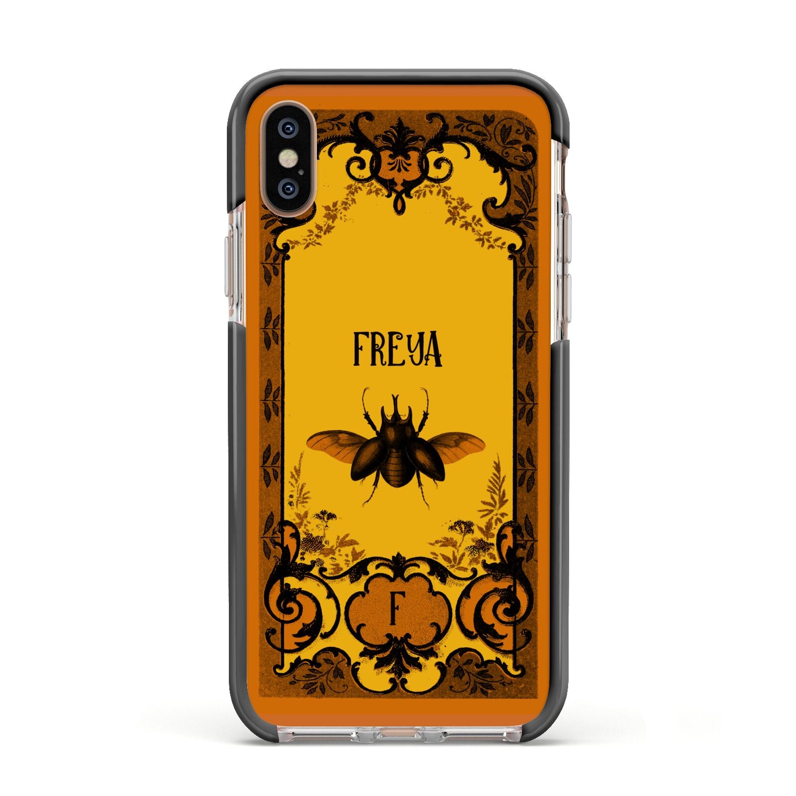 Personalised Vintage Spooky Beetle Apple iPhone Xs Impact Case Black Edge on Gold Phone