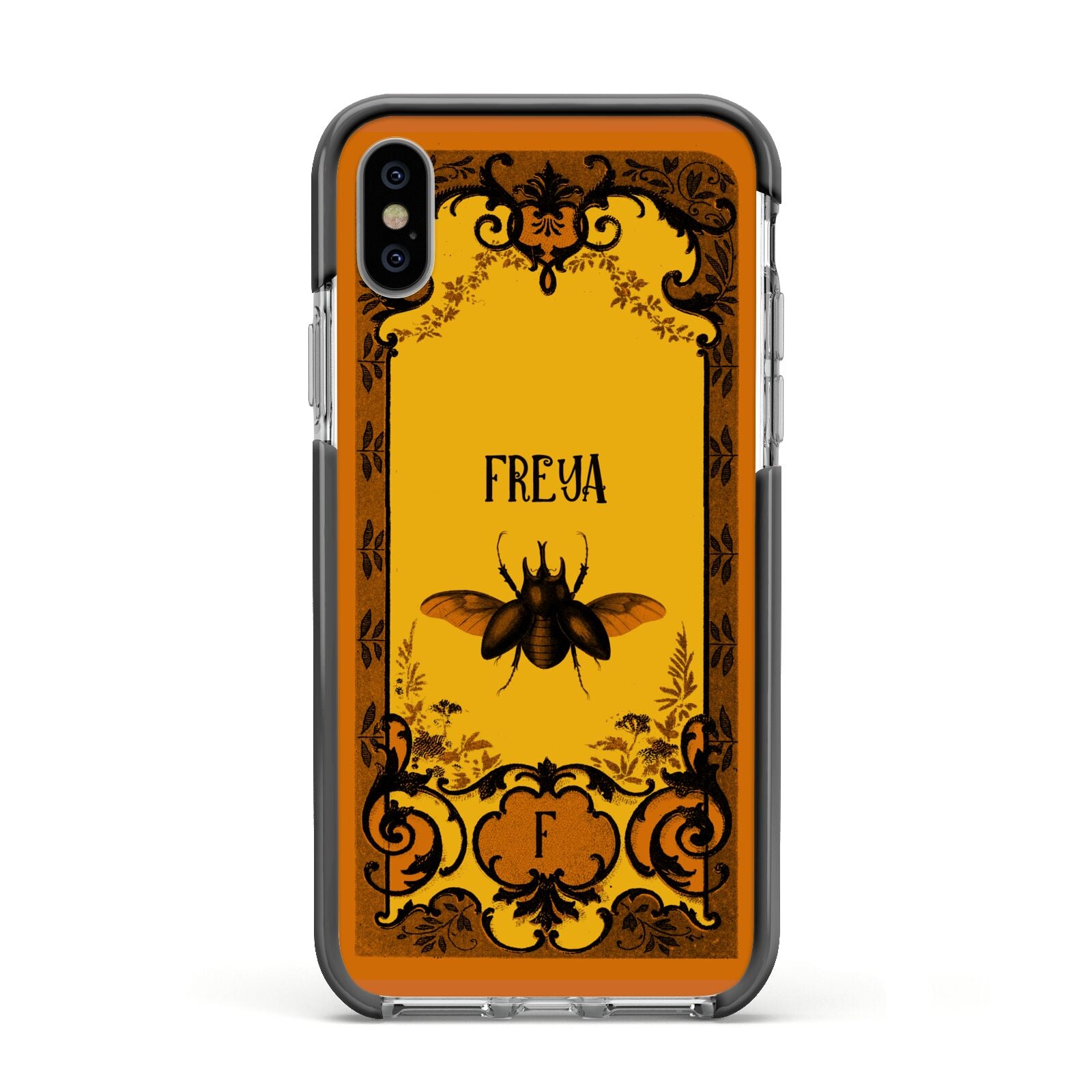 Personalised Vintage Spooky Beetle Apple iPhone Xs Impact Case Black Edge on Silver Phone