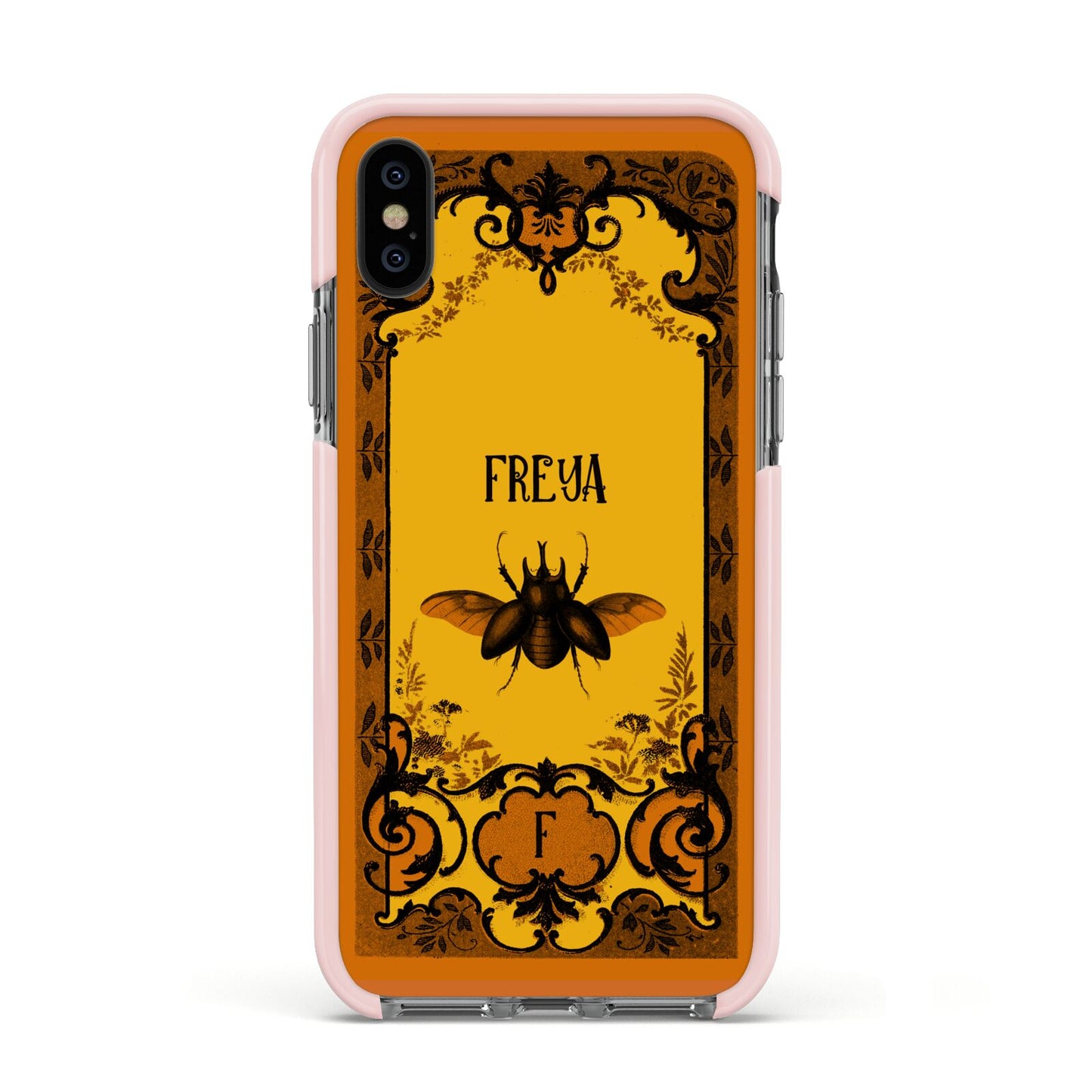 Personalised Vintage Spooky Beetle Apple iPhone Xs Impact Case Pink Edge on Black Phone