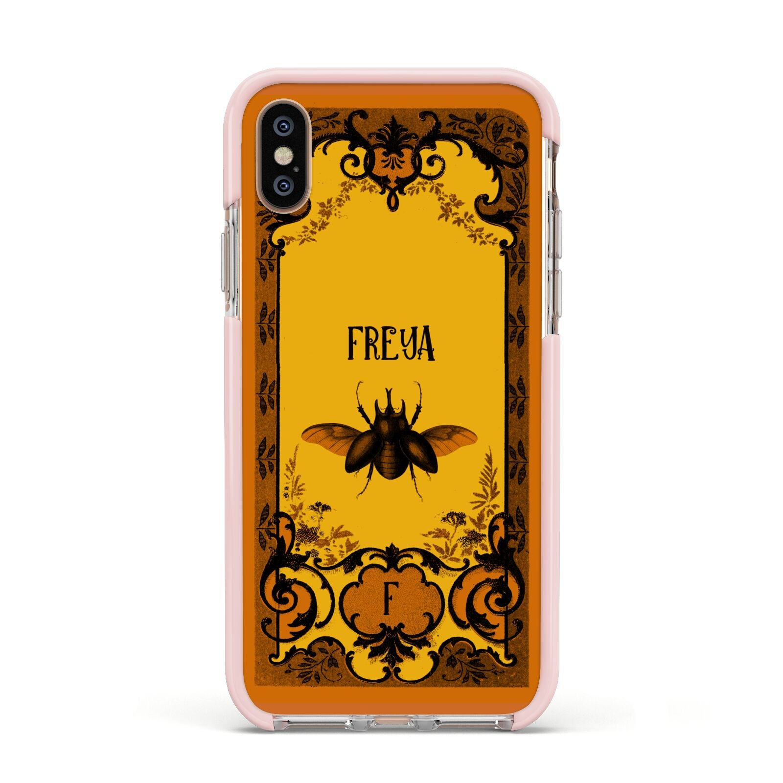 Personalised Vintage Spooky Beetle Apple iPhone Xs Impact Case Pink Edge on Gold Phone