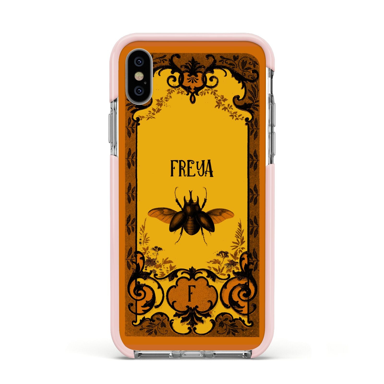 Personalised Vintage Spooky Beetle Apple iPhone Xs Impact Case Pink Edge on Silver Phone