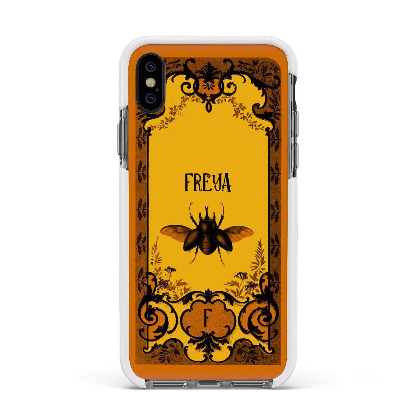Personalised Vintage Spooky Beetle Apple iPhone Xs Impact Case White Edge on Black Phone
