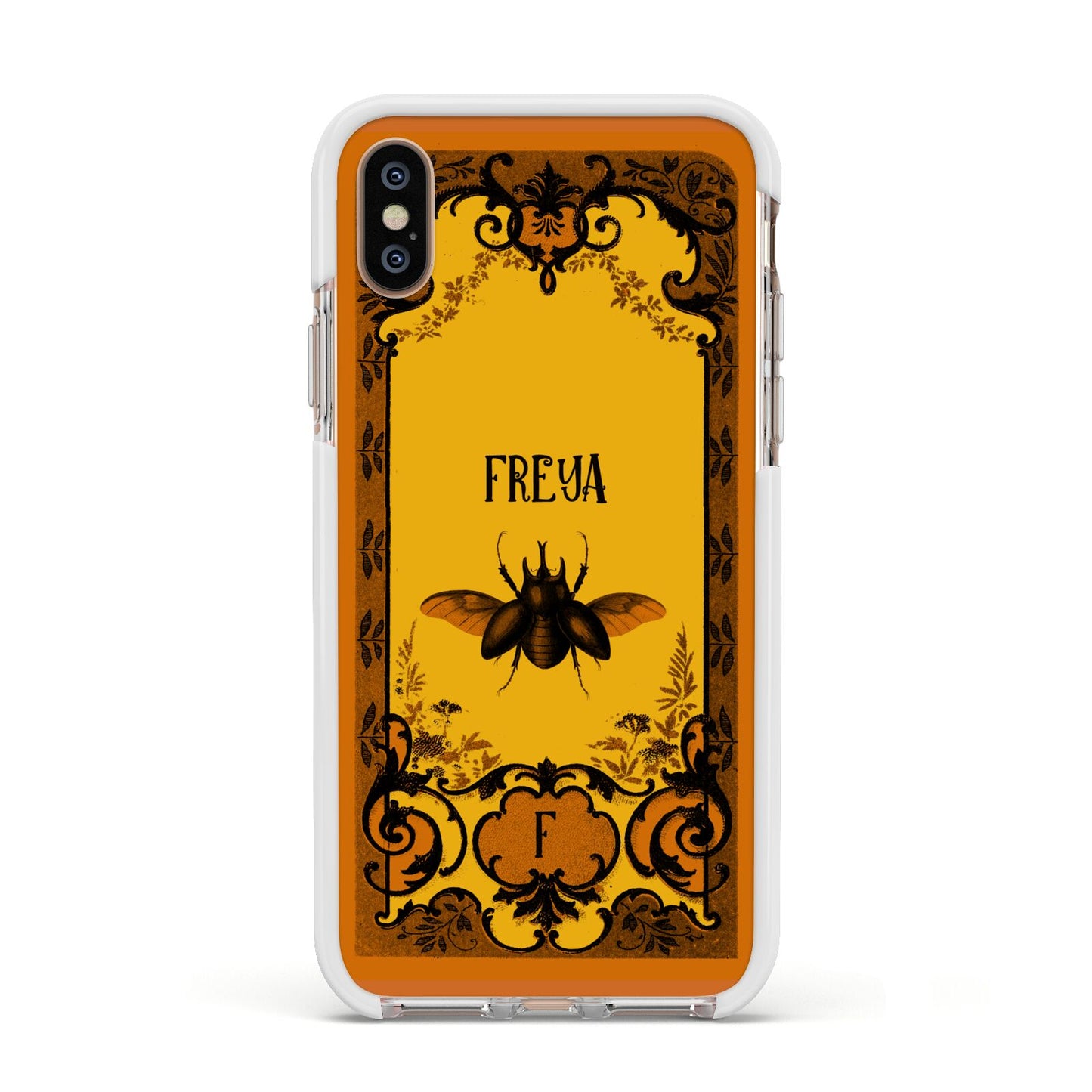 Personalised Vintage Spooky Beetle Apple iPhone Xs Impact Case White Edge on Gold Phone
